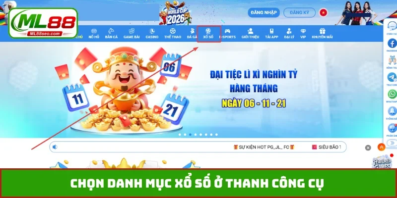 Chọn danh mục xổ số ở thanh công cụ